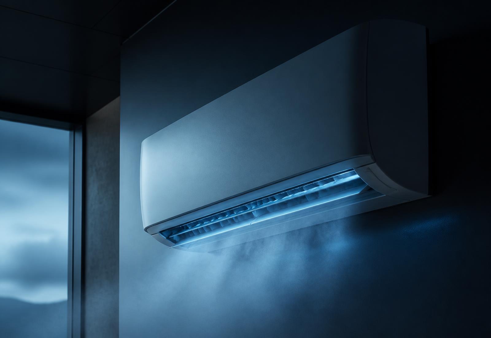 Wall-mounted air conditioning unit delivering cool air in a modern interior