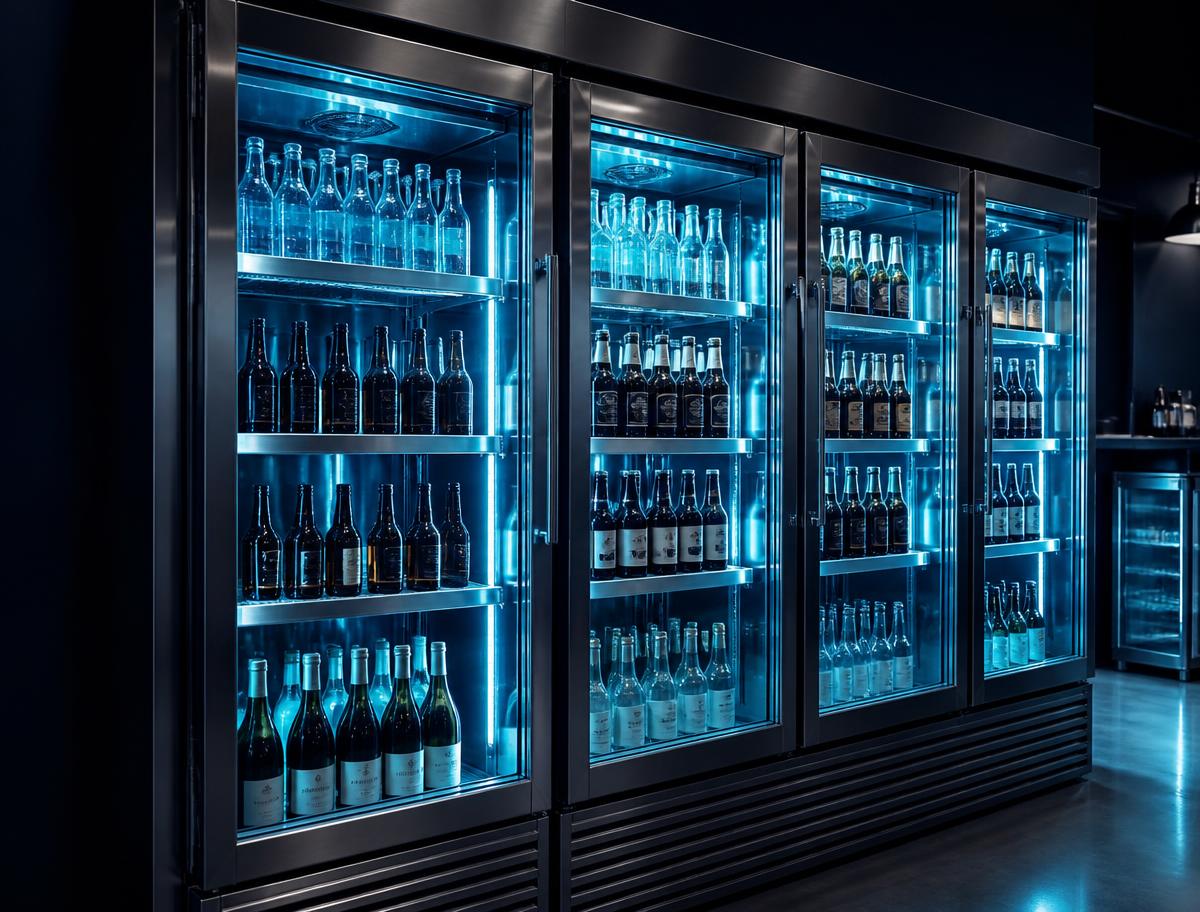 Commercial glass-door refrigeration display units in a retail space
